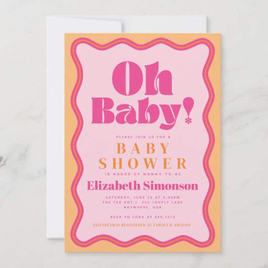 Roze Retro Oh Baby Wavy Squiggle Lijst Baby shower Kaart (Voorkant)