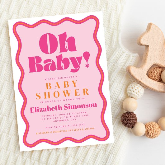 Roze Retro Oh Baby Wavy Squiggle Lijst Baby shower Kaart
