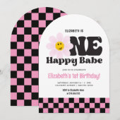 Roze Retro One Happy Babe 1e verjaardag Kaart (Voorkant / Achterkant)