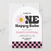 Roze Retro One Happy Babe 1e verjaardag Kaart (Voorkant)