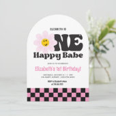 Roze Retro One Happy Babe 1e verjaardag Kaart (Staand voorkant)