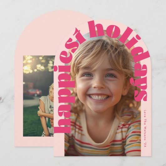 Roze Retro One Photo Modern Arch Christmas Kaart (Voorkant / Achterkant)