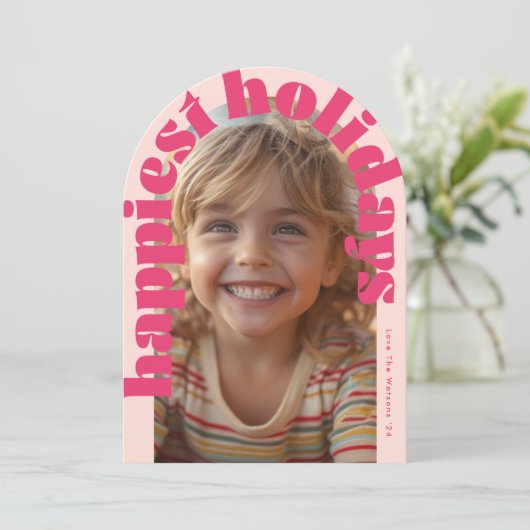 Roze Retro One Photo Modern Arch Christmas Kaart (Staand voorkant)