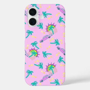Roze retro palmbomen en auto iPhone 16 hoesje