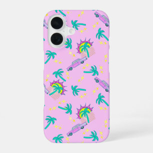 roze retro palmbomen en auto iPhone 16 hoesje