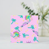 Roze retro palmbomen en auto kaart (Staand voorkant)