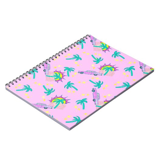 Roze retro palmbomen en auto notitieboek (Linkerzijde)
