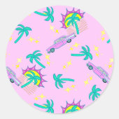 Roze retro palmbomen en auto ronde sticker (Voorkant)