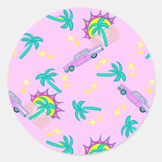 Roze retro palmbomen en auto ronde sticker (Voorkant)