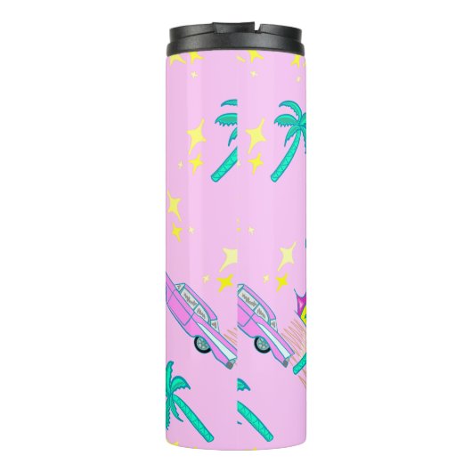 Roze retro palmbomen en auto thermosbeker (Achterkant)