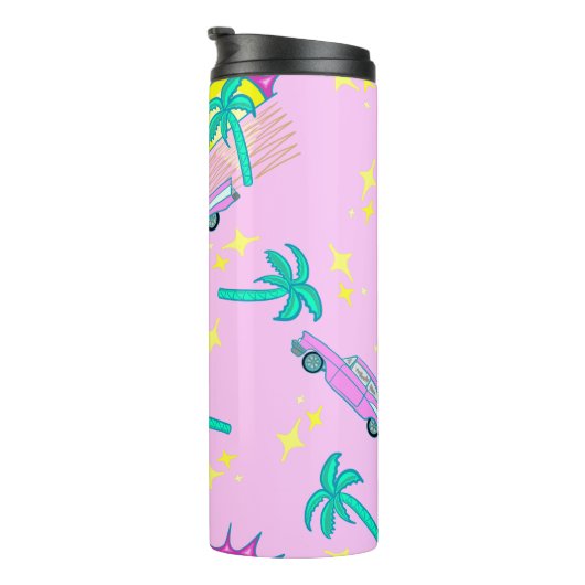 Roze retro palmbomen en auto thermosbeker (Geroteerd rechts)