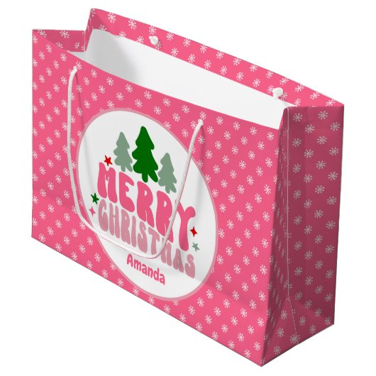 Roze Retro Persoonlijke Kerstmis Groot Cadeauzakje (Voorkant Gekanteld)
