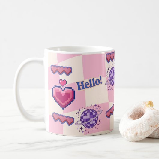 Roze Retro Pixel Hart Mok (Met donut)