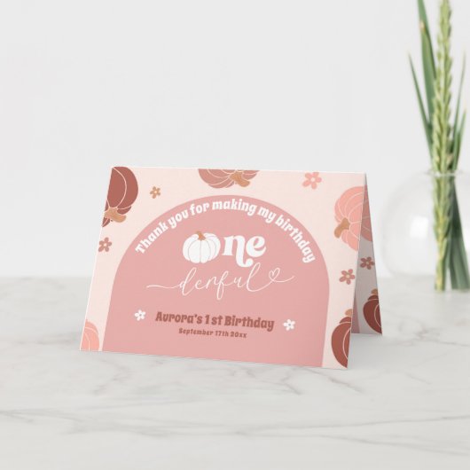 Roze Retro Pompoen 1e Verjaardag Opgevouwen Dank u Bedankkaart (Voorkant)