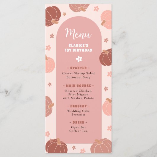 Roze Retro Pompoen Boho Eerste Verjaardag Menu (Voorkant)