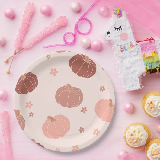 Roze Retro Pompoen Eerste Verjaardag Papier Bord (Feest)