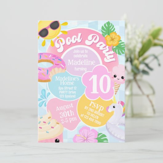 Roze Retro Pool Party Verjaardag Uitnodiging (Staand voorkant)