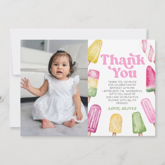 Roze Retro Popsicle Custom Afbeelding Verjaardagsf Bedankkaart (Voorkant)