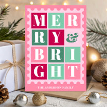 Roze Retro Prettig & Stralend Kerst Postzegel