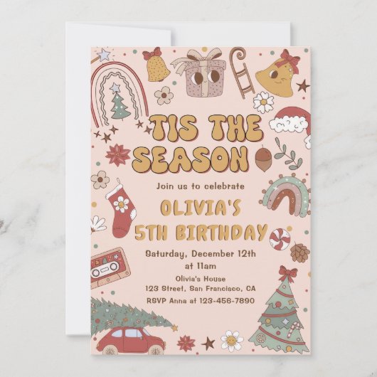 Roze Retro Regenboog Kerstboom Verjaardag Kaart (Voorkant)