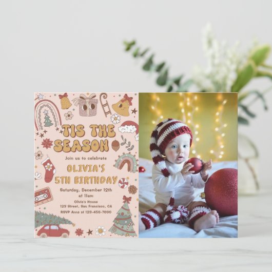 Roze Retro Regenboog Kerstboom Verjaardagsfoto Kaart (Staand voorkant)