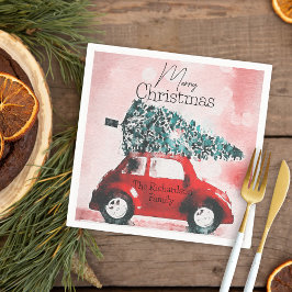 Roze Retro Rode Auto Familie Kerstmis Servet