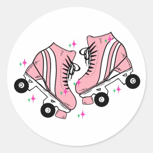 Roze Retro Roller-Schaatsen Ronde Sticker (Voorkant)