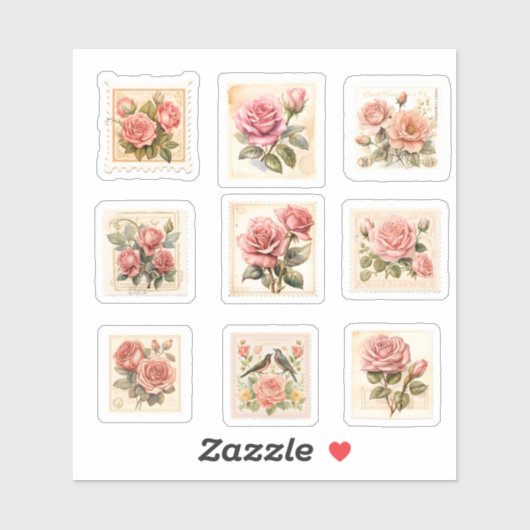 Roze Retro Rozen Valentijnsdag Schattige Stempel Sticker (Vel)