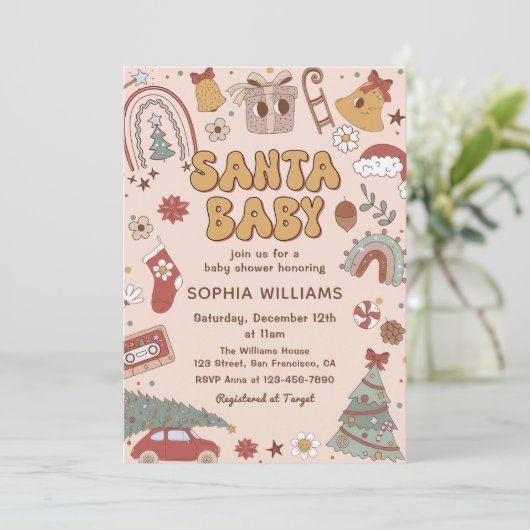 Roze Retro Santa Baby Kerst Baby shower Kaart (Staand voorkant)