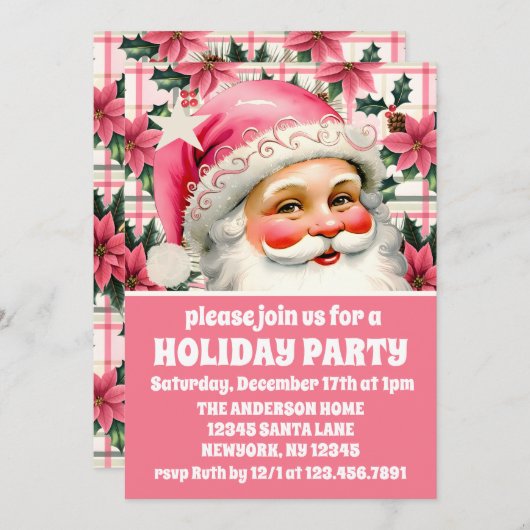 Roze Retro Santa Claus Floral Plaid Kerstmis Kaart (Voorkant / Achterkant)