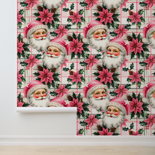 Roze Retro Santa Claus Kerstbloem Plaid Behang (Applicatie)