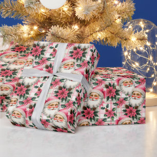 Roze Retro Santa Claus Kerstbloem Plaid Cadeaupapier