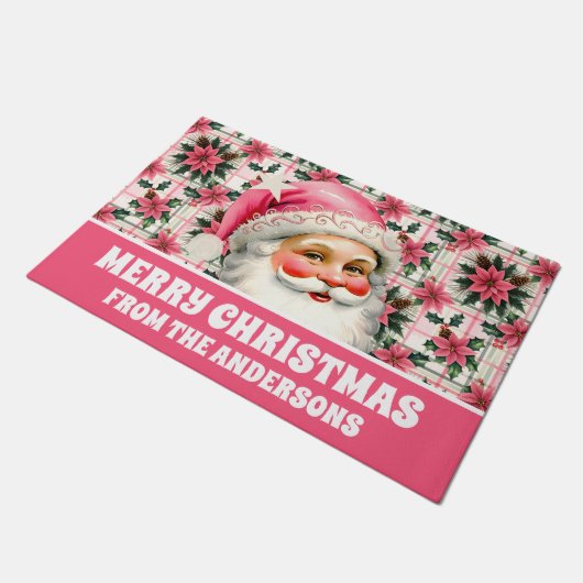 Roze Retro Santa Claus Kerstbloem Plaid Deurmat (Schuin)