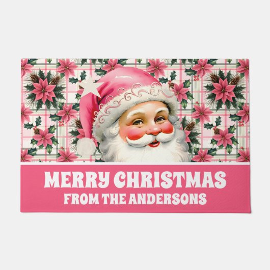 Roze Retro Santa Claus Kerstbloem Plaid Deurmat (Voorkant)
