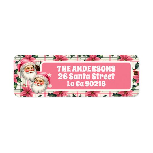 Roze Retro Santa Claus Kerstbloem Plaid Etiket (Voorkant)