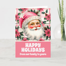 Roze Retro Santa Claus Kerstbloem Plaid Feestdagen Kaart