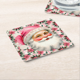 Roze Retro Santa Claus Kerstbloem Plaid Kartonnen Onderzetters