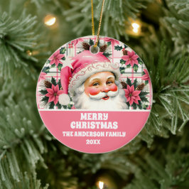Roze Retro Santa Claus Kerstbloem Plaid Keramisch Ornament