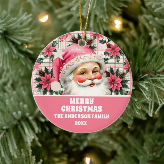 Roze Retro Santa Claus Kerstbloem Plaid Keramisch Ornament (Boom)