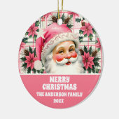 Roze Retro Santa Claus Kerstbloem Plaid Keramisch Ornament (Links)