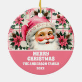 Roze Retro Santa Claus Kerstbloem Plaid Keramisch Ornament (Achterkant)