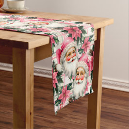 Roze Retro Santa Claus Kerstbloem Plaid Korte Tafelloper