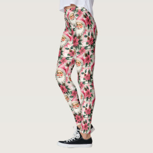 Roze Retro Santa Claus Kerstbloem Plaid Leggings