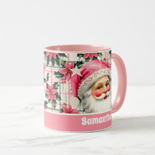 Roze Retro Santa Claus Kerstbloem Plaid Mok (Voorkant rechts)