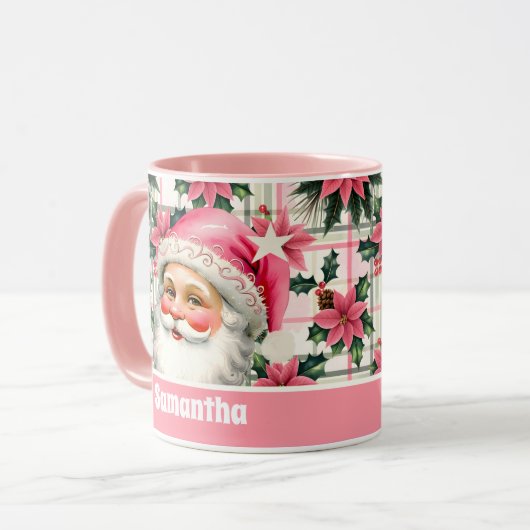 Roze Retro Santa Claus Kerstbloem Plaid Mok (Voorkant links)