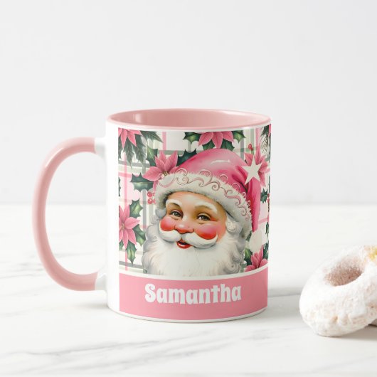 Roze Retro Santa Claus Kerstbloem Plaid Mok (Met donut)