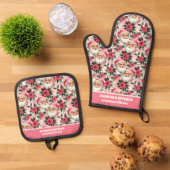 Roze Retro Santa Claus Kerstbloem Plaid Ovenwant & Pannenlap Set (Top down)