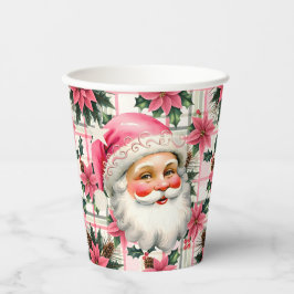 Roze Retro Santa Claus Kerstbloem Plaid Papieren Bekers