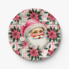 Roze Retro Santa Claus Kerstbloem Plaid Papieren Bordje