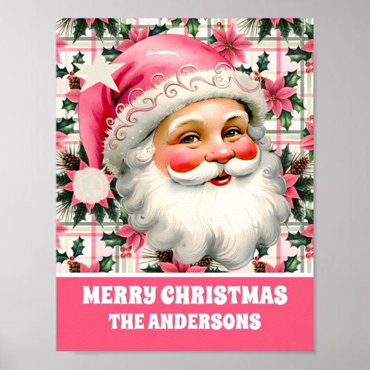 Roze Retro Santa Claus Kerstbloem Plaid Poster (Voorkant)